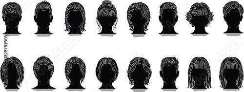 Collection of male and female hairstyle silhouettes, detailed vector hair designs, various haircut styles, isolated black head icons for fashion projects