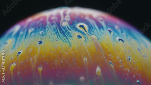 Macro View of a Colorful Soap Bubble Surface with Iridescent Swirls and Droplets abstract