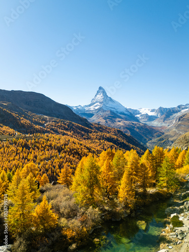 Matterhorn Mountain and Yellow Golden Larches in Autumn on Sunny October Day. Fall Colors. Swiss Alps. Aerial View. Zermatt, Valais, Switzerland