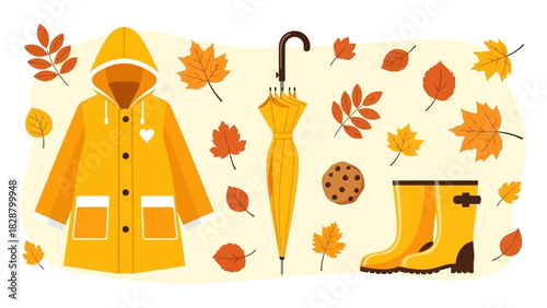 Autumn Essentials Yellow Raincoat, Umbrella, Boots & Colorful Leaves