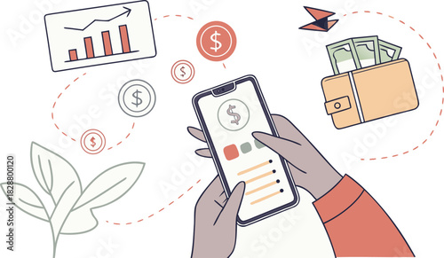 Hands holding a smartphone with financial graphics and money