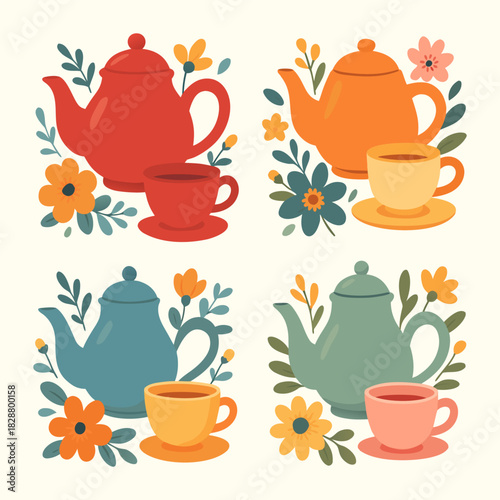Charming collection of teapots and cups surrounded by whimsical floral accents perfect for tea time invitations and cozy home decor illustrations