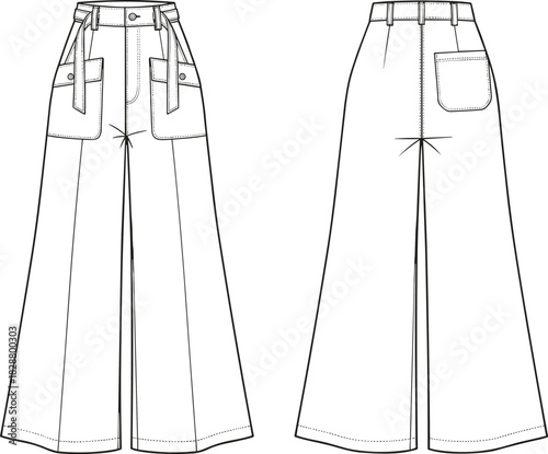 Wide-leg pants vector, high waist, patch pockets, belt loops, fabric ties, front and back view,Wide-leg pants vector, high waist, patch pockets, belt loops, fabric ties, front and back view,