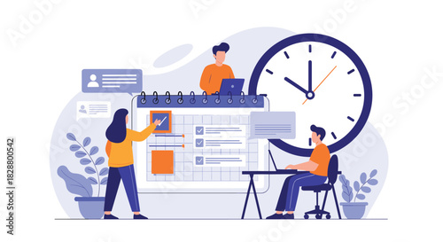 Business team collaborating on project management and scheduling tasks on a large calendar to meet an important deadline.