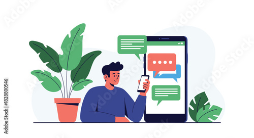 Happy young man using a smartphone to send and receive text messages in an online chat application with colorful speech bubbles.