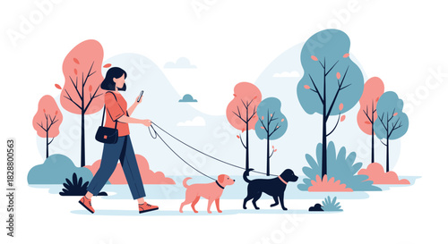 Young woman walking her two happy dogs on leashes in a beautiful city park during a relaxing autumn day illustration.