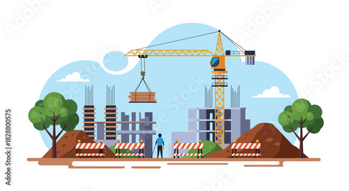 Building construction site with a large tower crane lifting materials over unfinished concrete structures and busy workers.