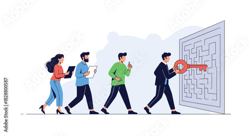 Business team following a leader holding a giant key to unlock a complex maze representing a challenging business solution.