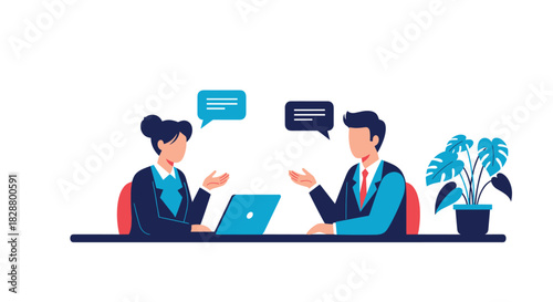 Two business colleagues having a professional discussion or a job interview meeting at an office desk with speech bubbles.