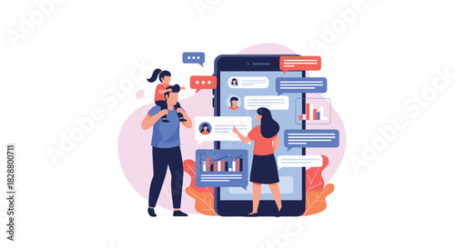 Family using a large smartphone to communicate with friends and relatives through a social media messaging application.