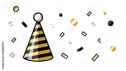 A festive party hat with gold and black stripes, surrounded by confetti.