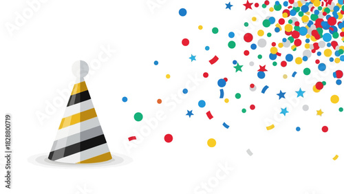 A party hat with black and gold stripes sits near a colorful explosion of confetti on a white background.
