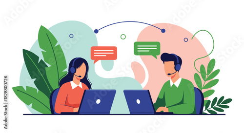 Customer support agents a man and a woman with headsets providing help from their laptops in a call center setting.