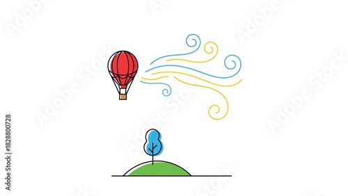 A red hot air balloon is blown by the wind over a tree on a small hill.