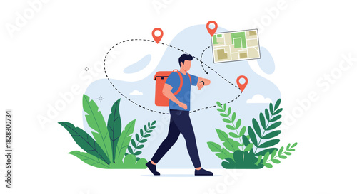 Delivery man or traveler with a backpack walking along a dotted route line with map and location pin markers.
