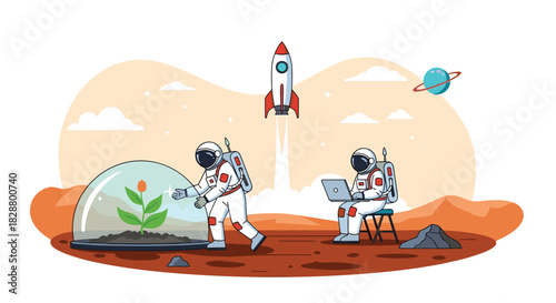 Astronauts on Mars conducting experiments with one growing a plant in a dome and another working on a laptop computer.