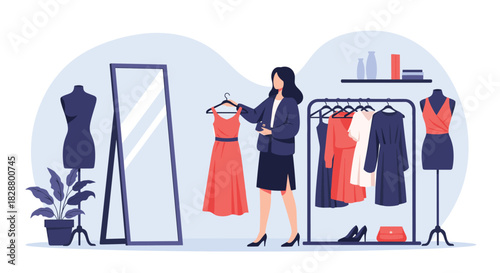 Young woman shopping for a new dress in a clothing store or boutique looking in the mirror and choosing an outfit.