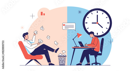 Concept of procrastination versus productivity with one man relaxing and another working hard against a large clock.