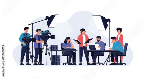 Professional film crew shooting a movie scene in a studio with multiple cameras lighting equipment and production staff.