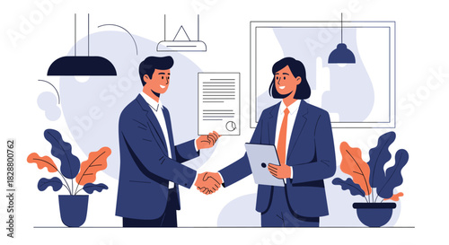 Two businessmen shaking hands to finalize a business deal or partnership agreement in a modern office environment.