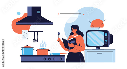 Woman cooking in her kitchen following a recipe from a book with pots on the stove and a television in the background.