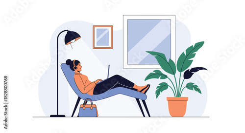 Woman relaxing in a comfortable lounge chair at home using her laptop and listening to music with headphones on.