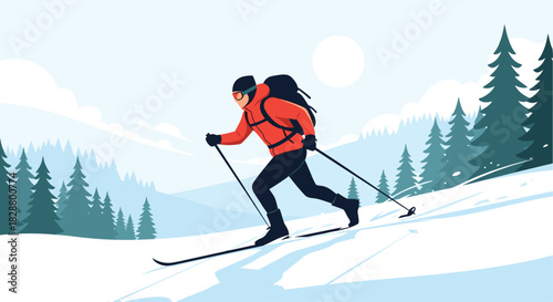 Man cross-country skiing in a snowy mountain landscape surrounded by a forest of pine trees during the winter season.
