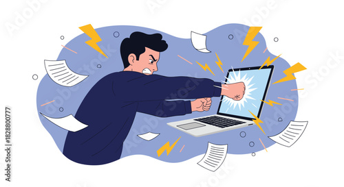 Furious young man punching his laptop computer screen in a fit of rage and frustration with work-related stress.