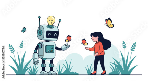 A friendly robot with a lightbulb idea interacting with a young girl and butterflies in a field of green grass.