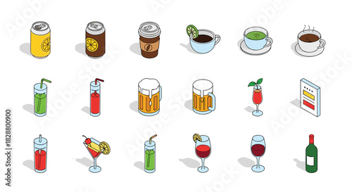 Isometric icon set of various alcoholic and non-alcoholic beverages including soda coffee beer cocktails wine and juice in glasses.