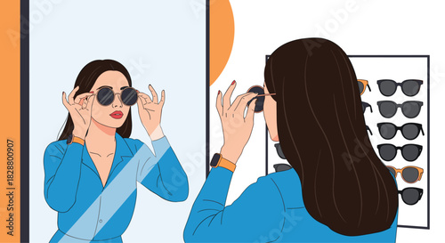 Stylish young woman trying on a new pair of sunglasses and looking at her reflection in the mirror in a modern optical shop.