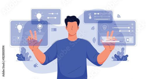 Man using hand gestures to control a smart home system through a futuristic holographic interface with various settings and options.