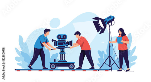 Film crew working on a movie set with professional camera equipment and lighting for a video production concept illustration.