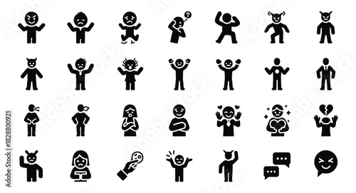 Diverse collection of human emotion and action icons in black and white