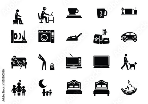 Collection of black and white household and lifestyle icons in silhouette style