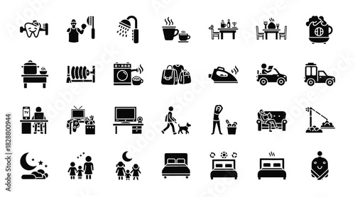 Collection of daily life activities and routines in simple black icons