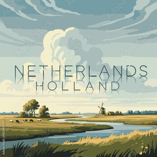 Dutch Landscape With Windmill River And Cows Under Cloudy Sky netherlands holland