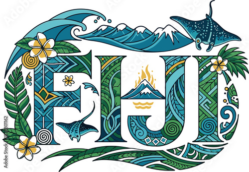 Fiji Landscape with Mountains Waves and Stingrays within Text Fiji island nation