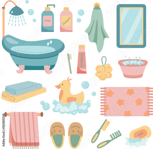 Bath time vector set with bathroom accessories
