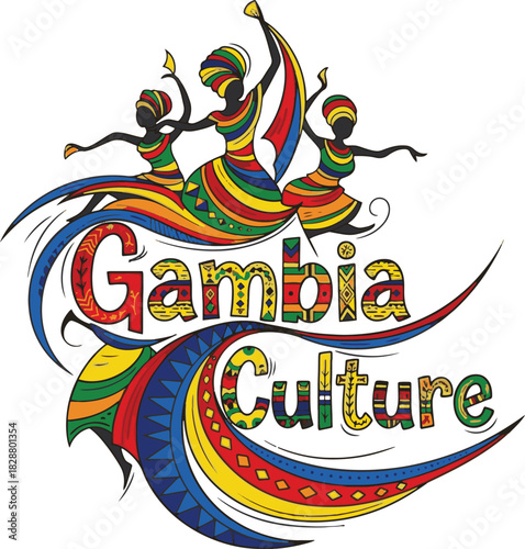 Gambia Culture text with dancing figures and colorful patterns Keywords: Gambia, culture, text