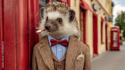 Fototapeta Naklejka Na Ścianę i Meble -  Hedgehog dressed in a stylish brown suit with a bow tie, standing confidently against a vibrant red wall, showcasing a whimsical character in an urban setting
