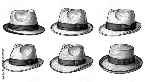 Artistic illustration featuring a curated collection of distinct fedora hats, each showcasing timeless men's fashion and dapper headwear with sophisticated vintage appeal