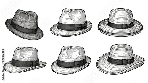 A classic collection of hand-drawn men's fedora hats, illustrated in a vintage engraved sketch style for retro fashion concepts