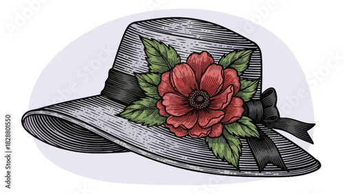 Elegant Grey Hat Adorned with a Vibrant Red Flower, Perfect for Vintage Fashion and Style