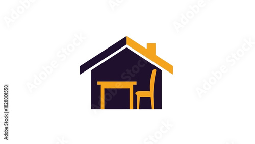 Minimalist home office icon with a desk and chair inside a house silhouette, symbolizing remote work, studying, and freelancing
