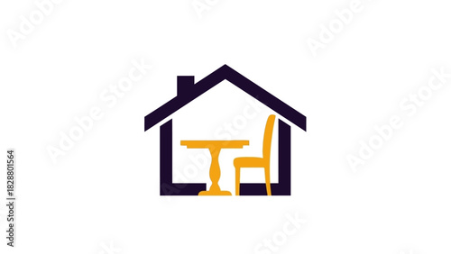 Modern graphic icon of a house outline containing a table and chair, a simple logo concept for interior design, real estate, or home furnishing
