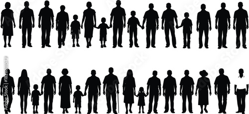Family silhouettes, diverse groupings, adults and children, black outline, demographic concept, minimal design, unity, social structure, togetherness