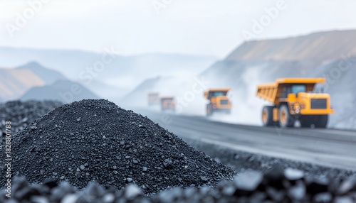 Industrial landscape with coal pile at mining site with trucks