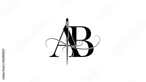 Elegant AB Initials with Needle, Swirls for Fashion Design or Tailoring Logo