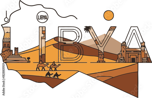 Libya map outline with desert landscape and ancient ruins Keywords: Libya, map, outline, country